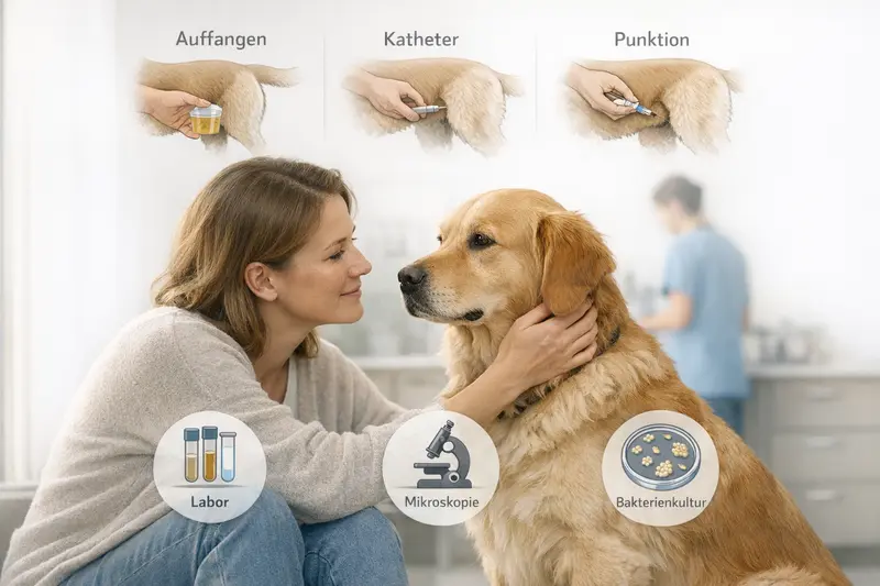Infografik über den Ablauf der Urinprobe bei Hunden, inklusive Auffangen, Katheter und Punktion mit Kostenfaktoren.