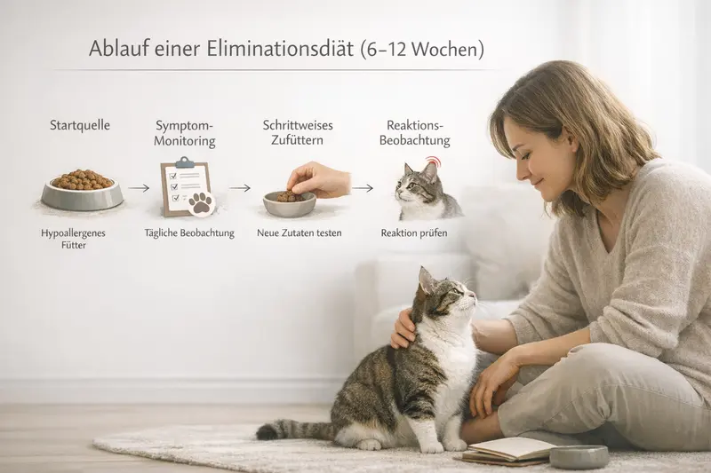 Infografik zum Ablauf einer Eliminationsdiät für Katzen, inklusive Phasen und Monitoring.