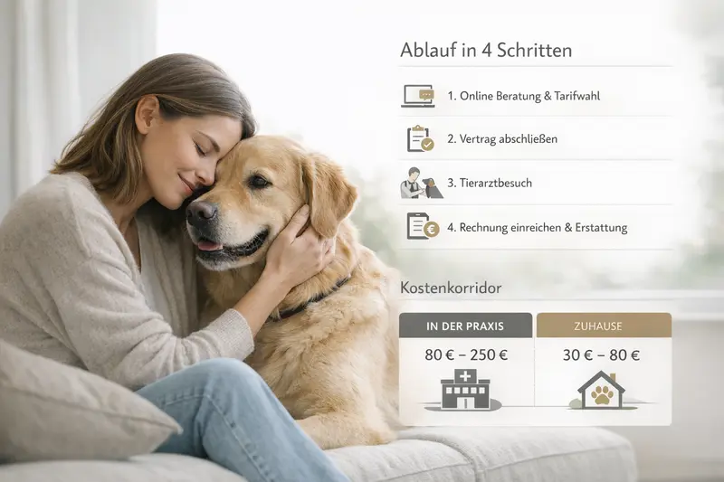 Infografik zeigt den Ablauf der Tierarztbesuche für Hunde in vier Schritten und gibt eine Orientierung zu den Kosten für Behandlungen in der Praxis und zu Hause.