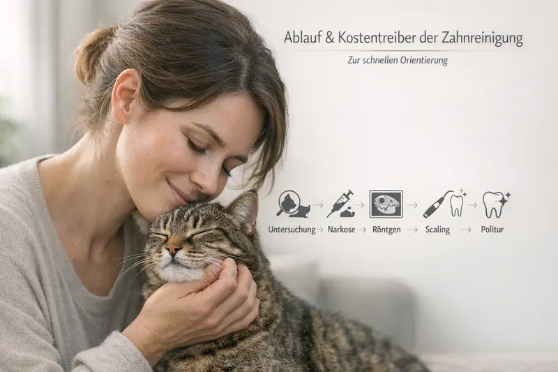 Infografik zum Ablauf und den Kostentreibern der Zahnreinigung bei Katzen