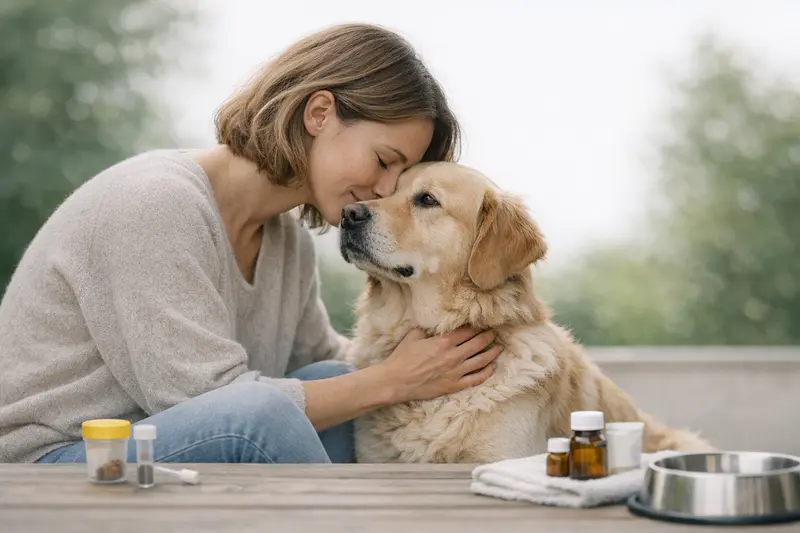 Infografik zum Ablauf bei Hundekrankheiten: Symptome, Kotprobe, Therapie, Hygiene, Kontrolle