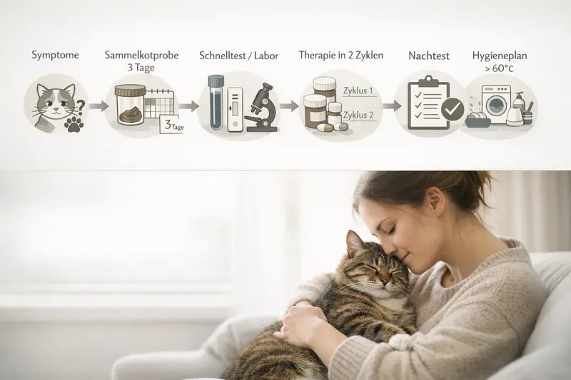 Infografik zeigt den Ablauf von Symptomen über Sammelkotprobe bis zur Therapie bei Katzen.