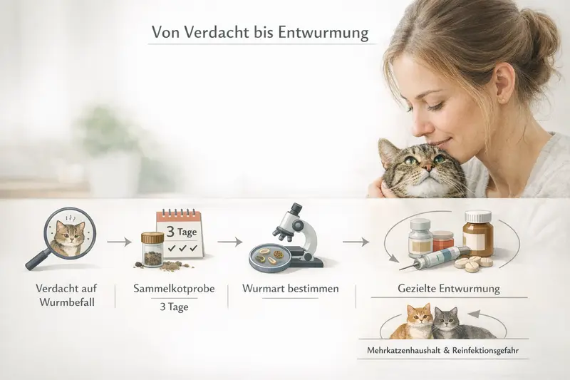 Infografik zeigt den Ablauf vom Verdacht auf Wurmerkrankungen bei Katzen zur gezielten Entwurmung.