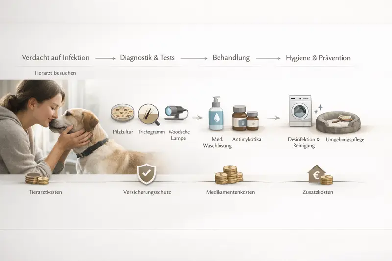 Infografik zeigt den Ablauf vom Verdacht auf Hautkrankheiten beim Hund bis zur tierärztlichen Behandlung.