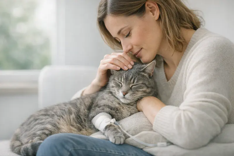 Infografik zum Ablauf einer Zahnextraktion bei einer Katze, einschließlich Sedierung, Dentalröntgen, Flap-Technik, Naht und Aufwachen.
