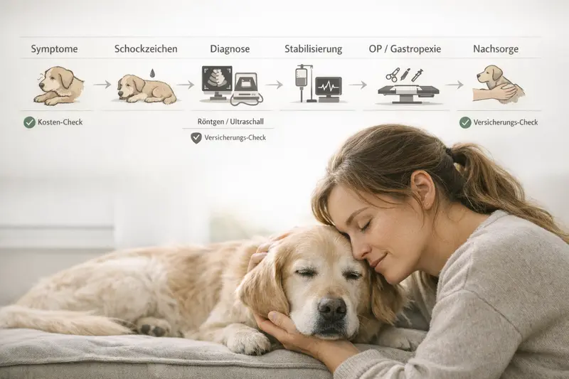 Infografik zur Notfallbehandlung von Hunden mit Symptomen und Kostenaufstellung
