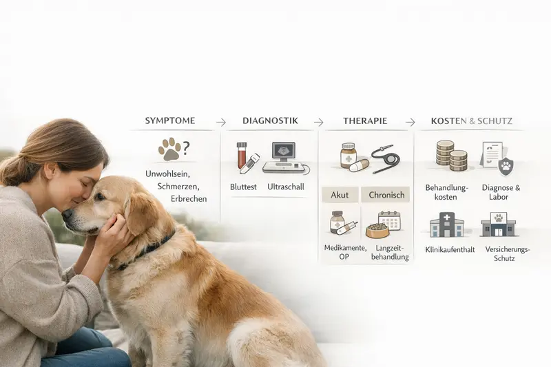 Ablaufdiagramm zur Diagnose von Hundesymptomen mit Therapiefunktionen und anfallenden Kosten.