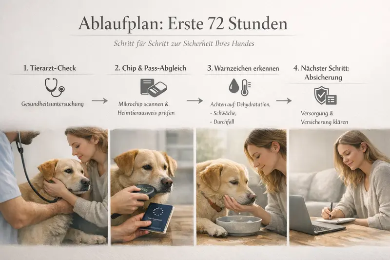 Infografik zur ersten 72 Stunden für Hundebesitzer mit wichtigen Schritten und Warnzeichen.