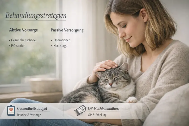 Infografik vergleicht aktive und passive Methoden zur Tierkrankenversicherung für Katzen.