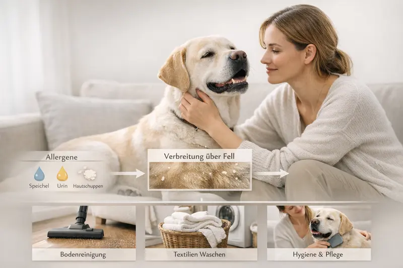 Hundeallergene wie Speichel, Urin und Hautschuppen verbreiten sich über das Fell und erfordern spezielle Pflegemaßnahmen.