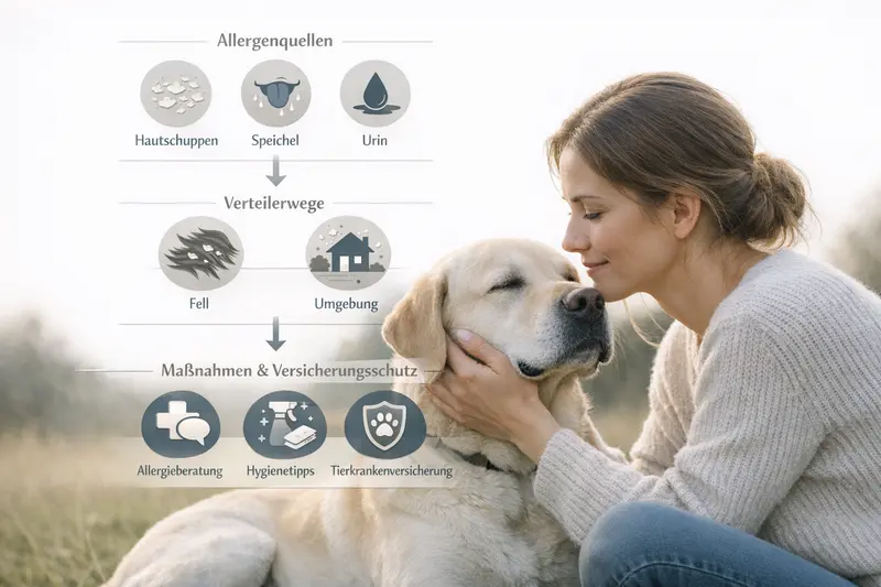 Infografik über Allergenquellen bei Hunden wie Hautschuppen und Speichel sowie deren Verbreitung über Fell und Umgebung.