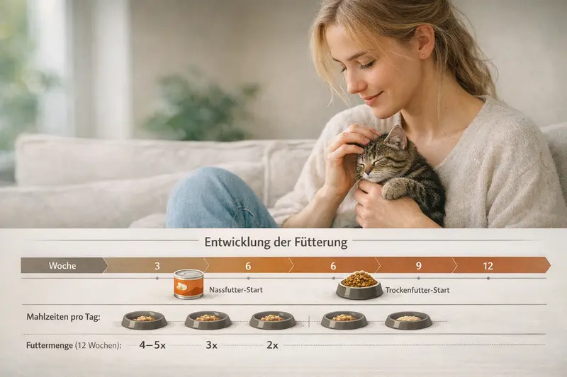 Infografik zur Alters-Timeline von Katzen mit Fütterungsempfehlungen von Woche 3 bis Monat 12.