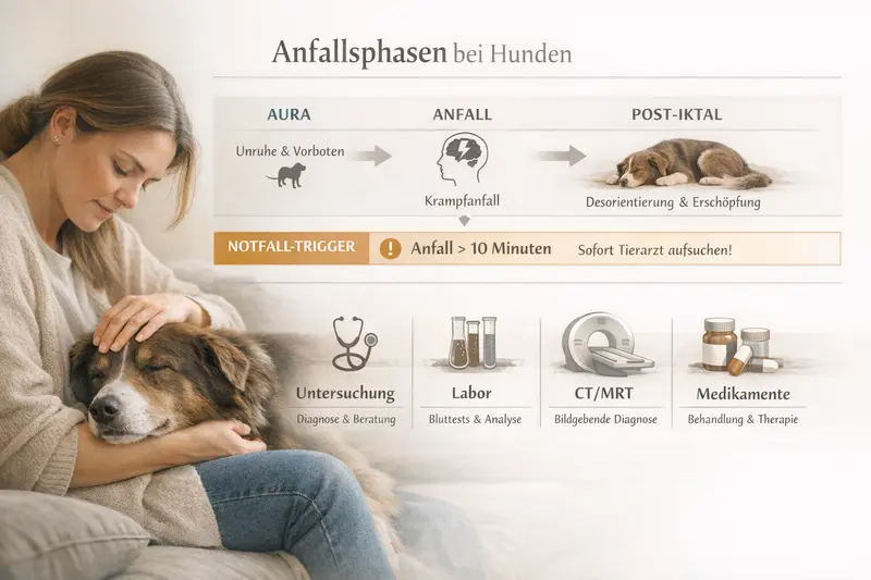 Infografik zu den Anfallsphasen bei Hunden mit Informationen zur 10-Minuten-Regel und Kostenblöcken für Tierarztuntersuchungen.