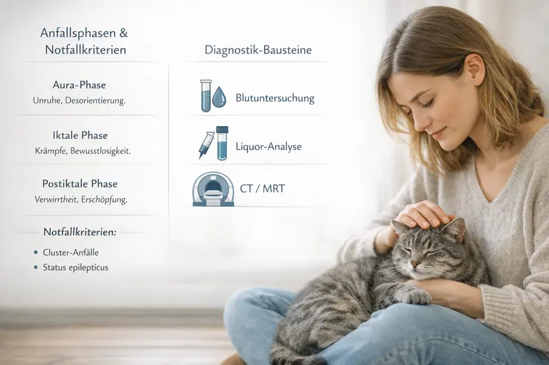 Infografik zu den Anfallsphasen und Notfallkriterien bei Katzen, inklusive diagnostischer Bausteine wie Blutuntersuchungen und CT/MRT.