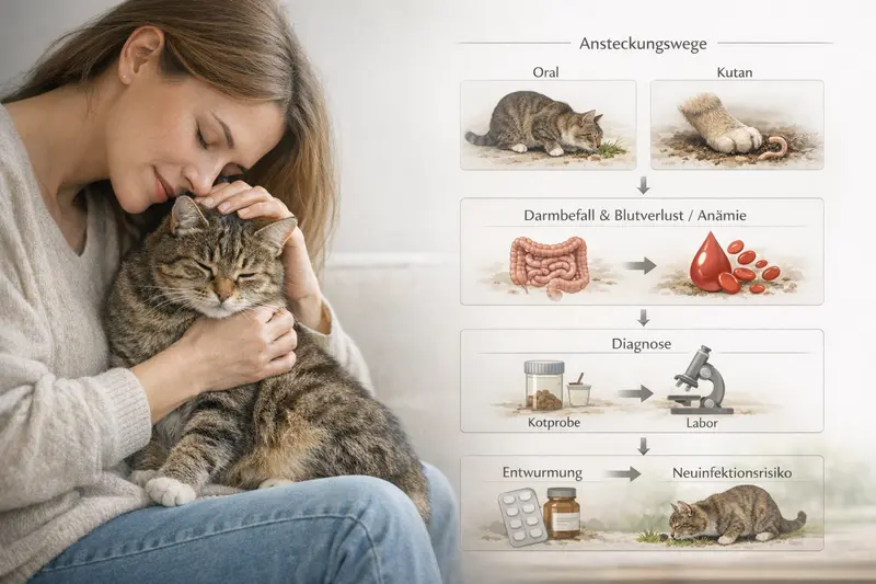 Infografik über Ansteckungswege und Diagnostik von Wurmerkrankungen bei Katzen.