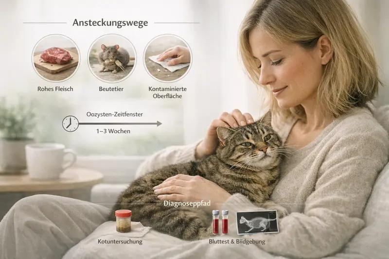 Infografik zu den Ansteckungswegen von Katzen mit Oozysten durch rohes Fleisch, Beutetiere und kontaminierte Oberflächen.