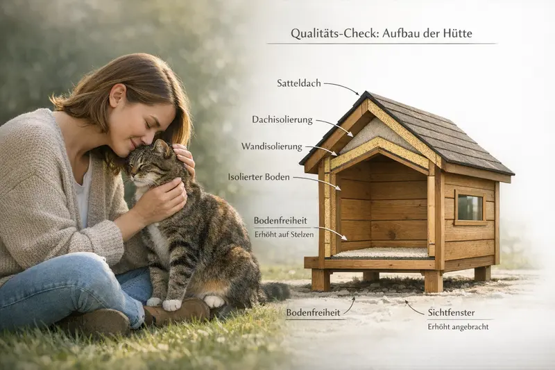Infografik zum Aufbau einer Katzenschutzhütte mit Dämm-Schichten, Dachform, Bodenfreiheit und Fensterposition.