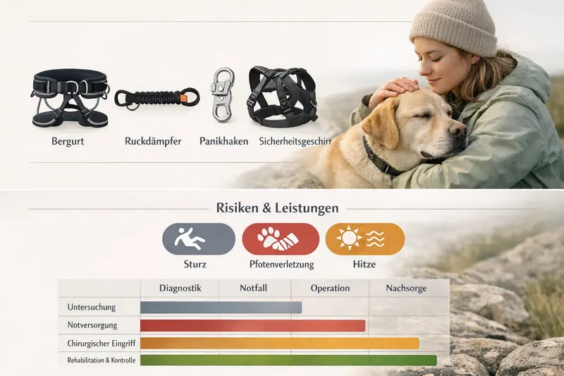 Eine informative Infografik über essentielle Ausrüstungsteile für Hunde und deren Risikomanagement.