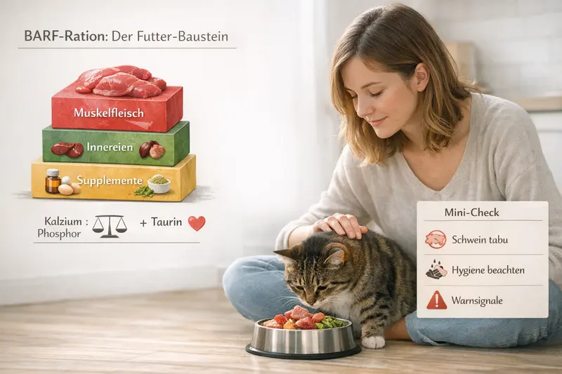 Infografik zur BARF-Ration für Katzen mit Bausteinen Muskelfleisch, Innereien und Supplementen sowie Informationen zum Calcium-Phosphor-Verhältnis und Taurin.