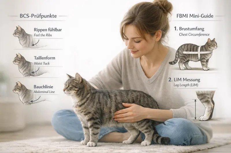 Infografik zur BCS-Prüfpunkten für Katzen mit visuellen Anleitungen zur FBMI-Messung.