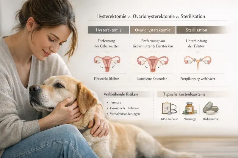 Infografik, die den Unterschied zwischen Hysterektomie, Ovariohysterektomie und Sterilisation bei Hunden erklärt, einschließlich Risiken und Kosten.