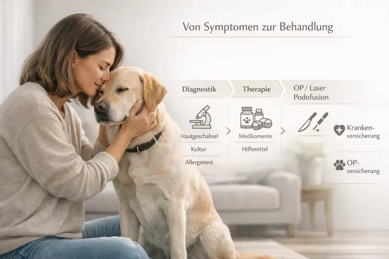Infografik zu den Behandlungs- und Kostenwegen für Hundesymptome sowie der Zuordnung von Versicherungsarten.