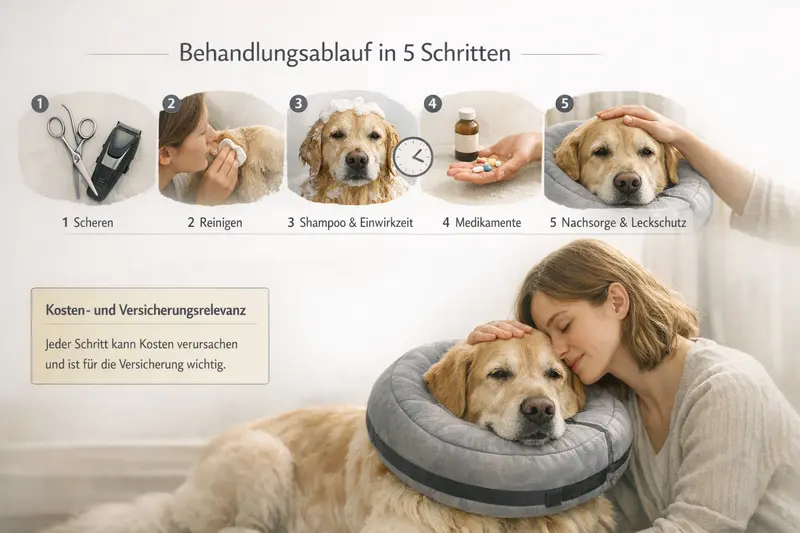 Infografik zeigt den Behandlungsablauf für Hunde in 5 Schritten.