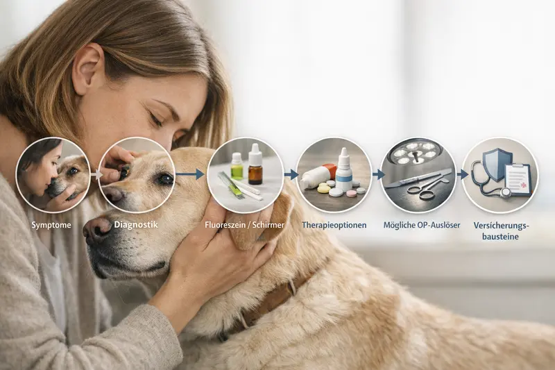 Infografik zum Behandlungspfad von Symptomen bei Hunden, einschließlich Diagnostik und Therapieoptionen.
