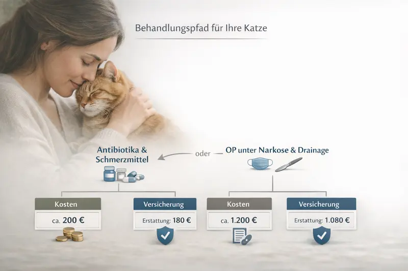 Infografik über den Behandlungspfad für Katzen, inklusive Abzweigungen zu Antibiotika, Schmerzmitteln und operativen Eingriffen.