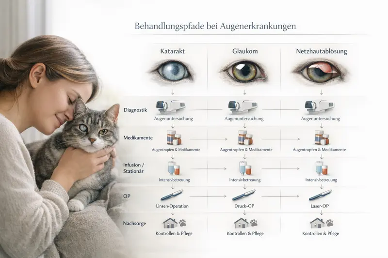 Infografik zu Behandlungspfaden bei Katzen mit Katarakt, Glaukom und Netzhautablösung sowie entsprechenden Versicherungsleistungen.