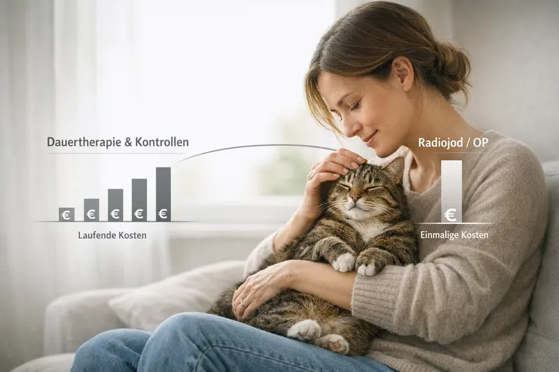 Infografik zu Behandlungspfaden und Kostenlogik für Katzen mit chronischen Erkrankungen.