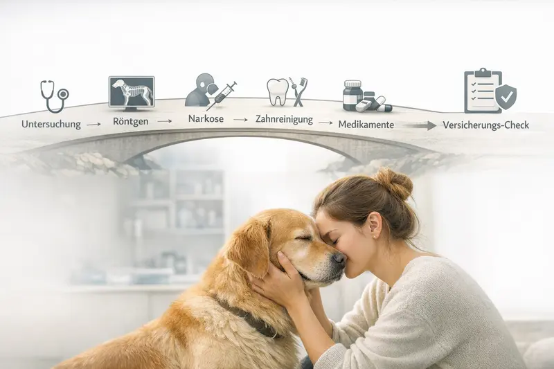 Ein grafischer Überblick über den Behandlungsweg für Hunde von der Untersuchung zur Zahnreinigung und Medikamenten