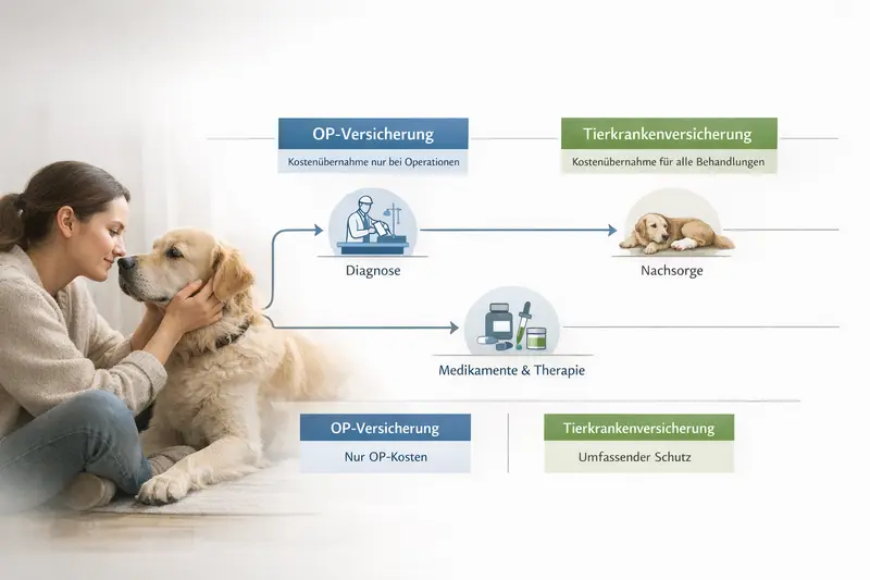 Infografik über den Behandlungsweg bei Hundeerkrankungen von der Diagnose bis zur Nachsorge mit passenden Versicherungsoptionen.