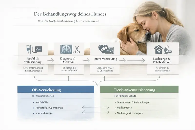 Infografik zum Behandlungsweg von Hundesymptomen über Notfallstabilisierung bis Nachsorge mit Versicherungszuordnung.