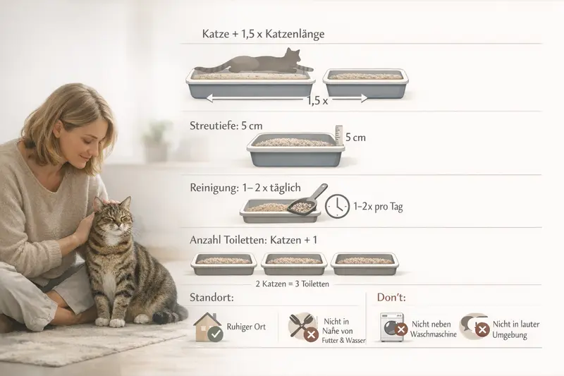 Infografik zur optimalen Katzenklo-Checkliste mit Maßen und Reinigungsfrequenz.