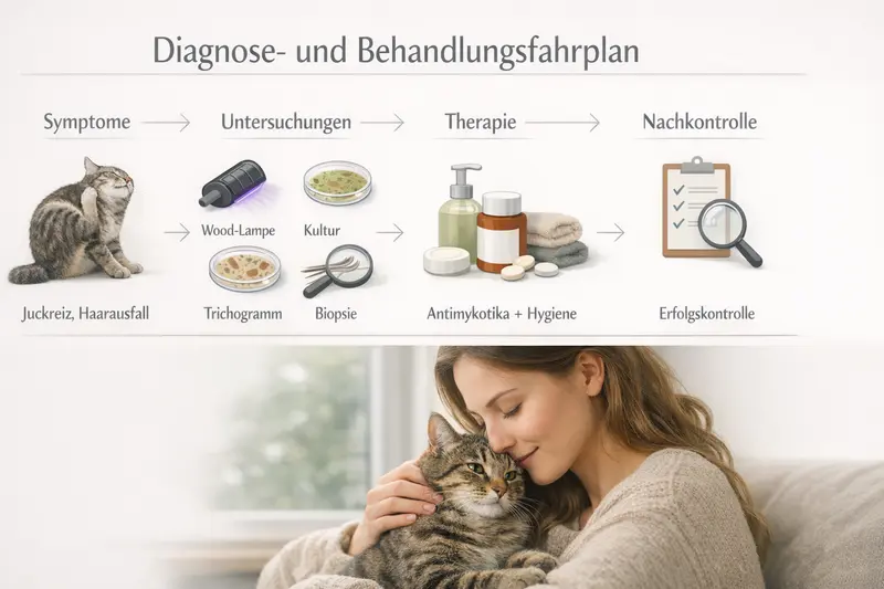 Infografik zeigt den Diagnose- und Behandlungsfahrplan bei Katzen mit Hautsymptomen.