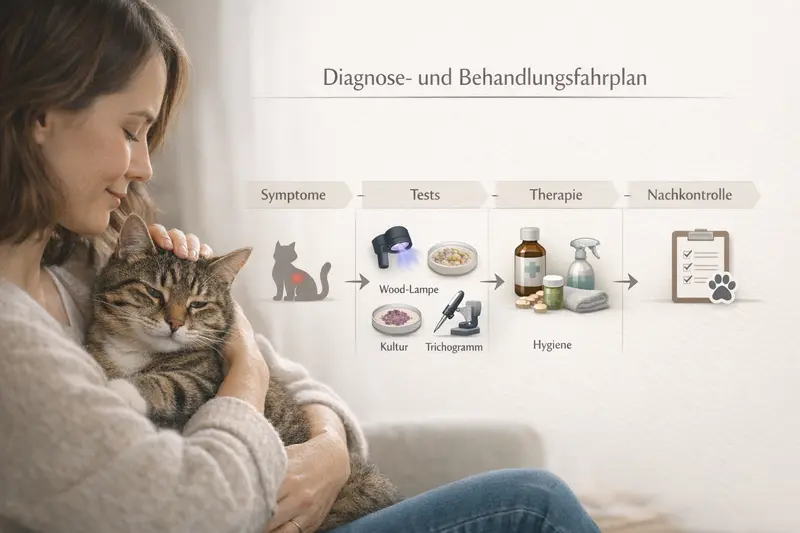 Infografik zeigt Diagnose- und Behandlungsfahrplan für Katzen mit Symptomen, Tests und Therapien.