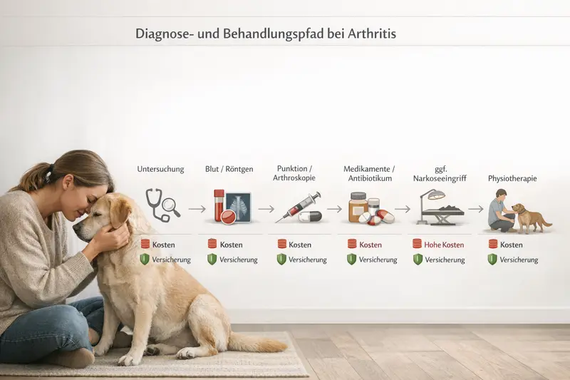 Infografik zu Diagnose- und Behandlungspfad bei Arthritis für Hunde mit markierten Kosten- und Versicherungs-Hotspots.
