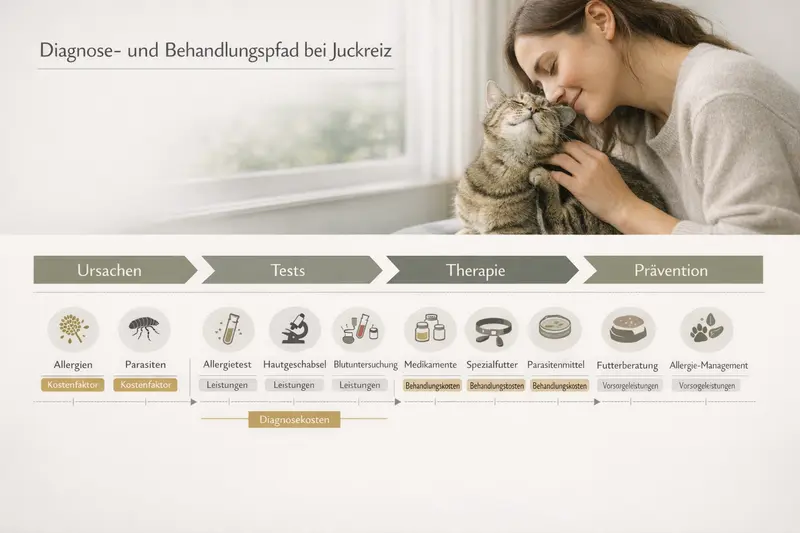 Infografik zeigt den Diagnose- und Behandlungspfad bei Juckreiz bei Katzen mit Kosten- und Leistungsbausteinen.