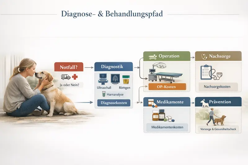 Infografik zu Diagnose- und Behandlungspfad bei Hunden mit markierten Kosten für Tierarztleistungen