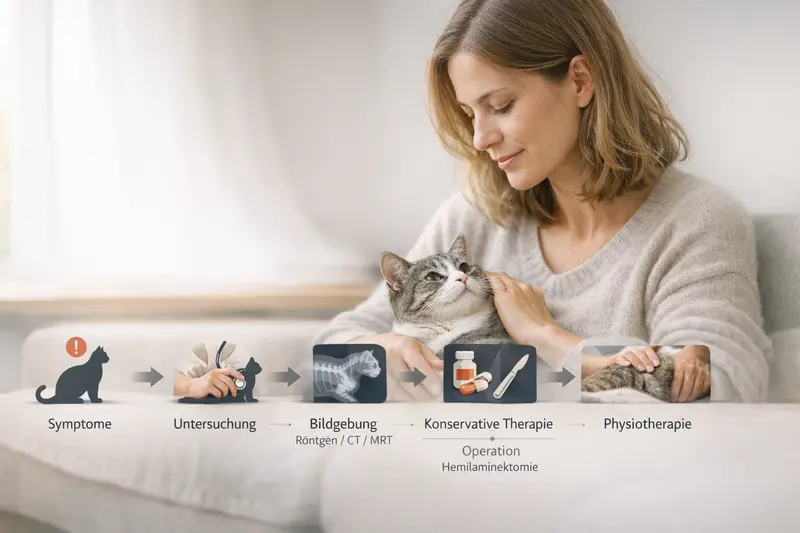 Infografik zeigt den Diagnose- und Behandlungspfad für Katzen von Symptomen bis zur Physiotherapie.