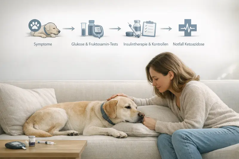 Infografik zu Diagnose und Kostenpfad bei Hundediabetes, inklusive Symptome, Tests und Therapien.