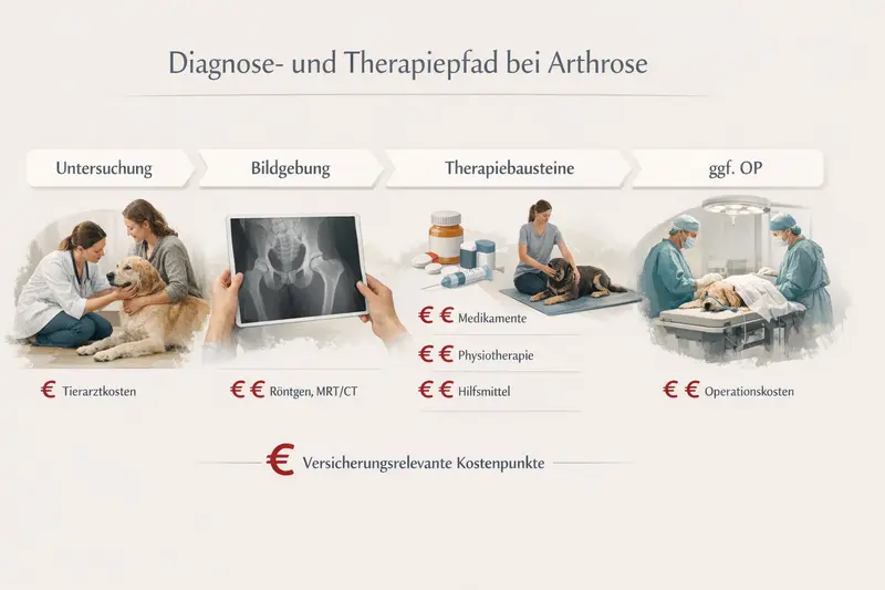 Infografik des Diagnose- und Therapiepfades bei Hundearthrose mit markierten Kostenpunkten für Versicherungen.