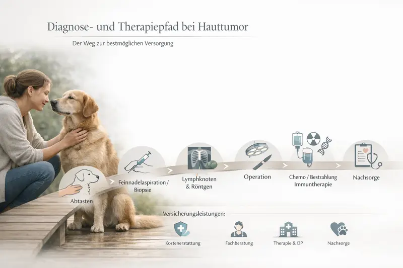 Infografik zeigt den Diagnose- und Therapiepfad bei Hauttumoren beim Hund, einschließlich Abtasten, Biopsie und Nachsorge.