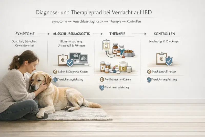 Infografik, die den Diagnose- und Therapiepfad bei Verdacht auf IBD bei Hunden zeigt, einschließlich Symptome, Ausschlussdiagnostik und Therapieoptionen.