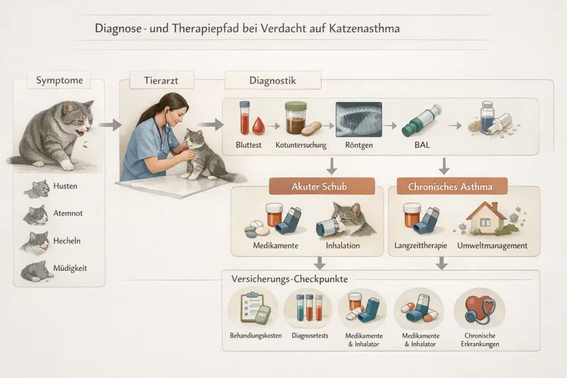 Infografik über den Diagnose- und Therapiepfad bei Katzenasthma mit Symptomen, Arztbesuch, Tests und Versicherungsaspekten.