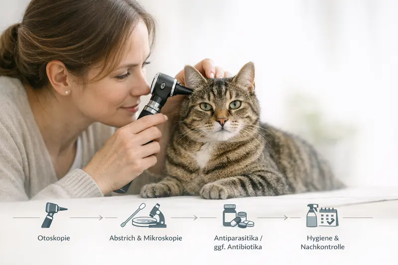 Infografik zu Diagnose- und Therapiepfaden bei Katzen mit möglichen Behandlungen.