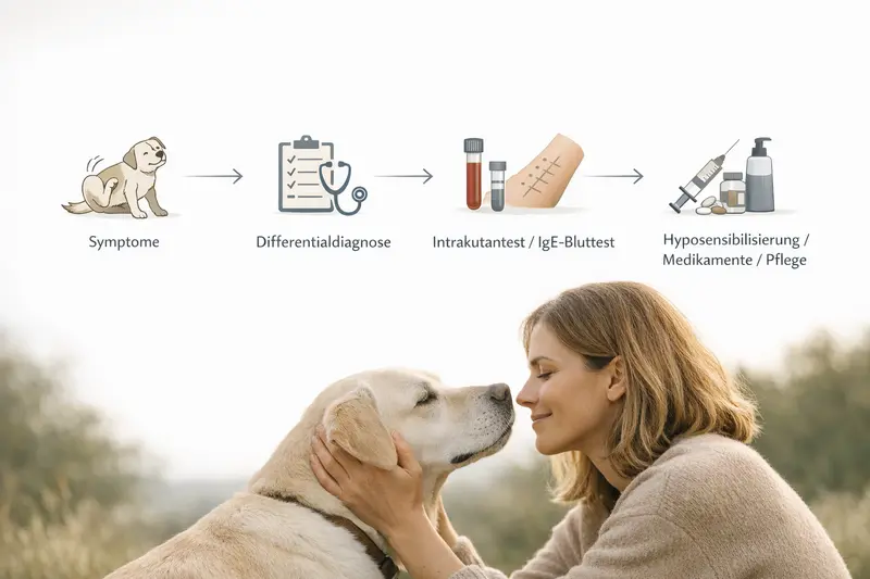 Infografik zeigt den Diagnose- und Therapiepfad für Hunde mit Allergien und entsprechenden Symptomen.