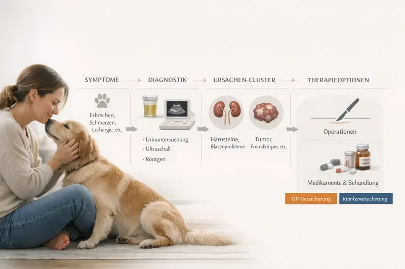 Infografik zeigt den Diagnose- und Therapiepfad für Hunde, einschließlich Symptome, Urin- und Ultraschalluntersuchung sowie Röntgenbilder.