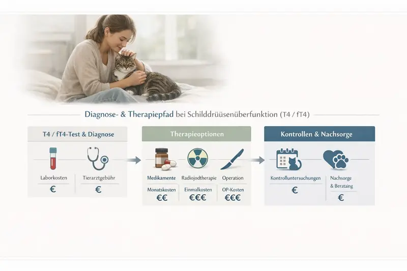 Infografik zum Diagnose- und Therapiepfad bei Katzen mit T4/fT4-Tests und Therapieoptionen.